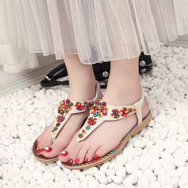 Toe ring sandals, Beaded sandals, decorated with knitted flowers 